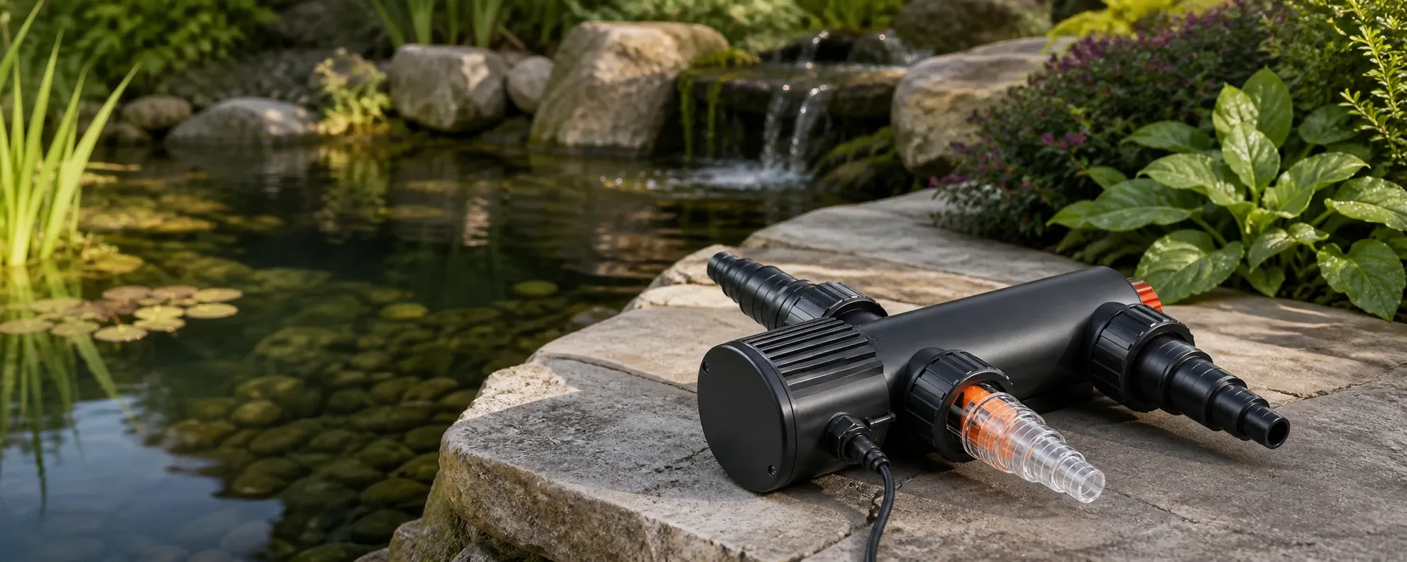 A compact inline 9W UV clarifier positioned on a stone surface beside a clear pond, surrounded by lush greenery and lily pads.